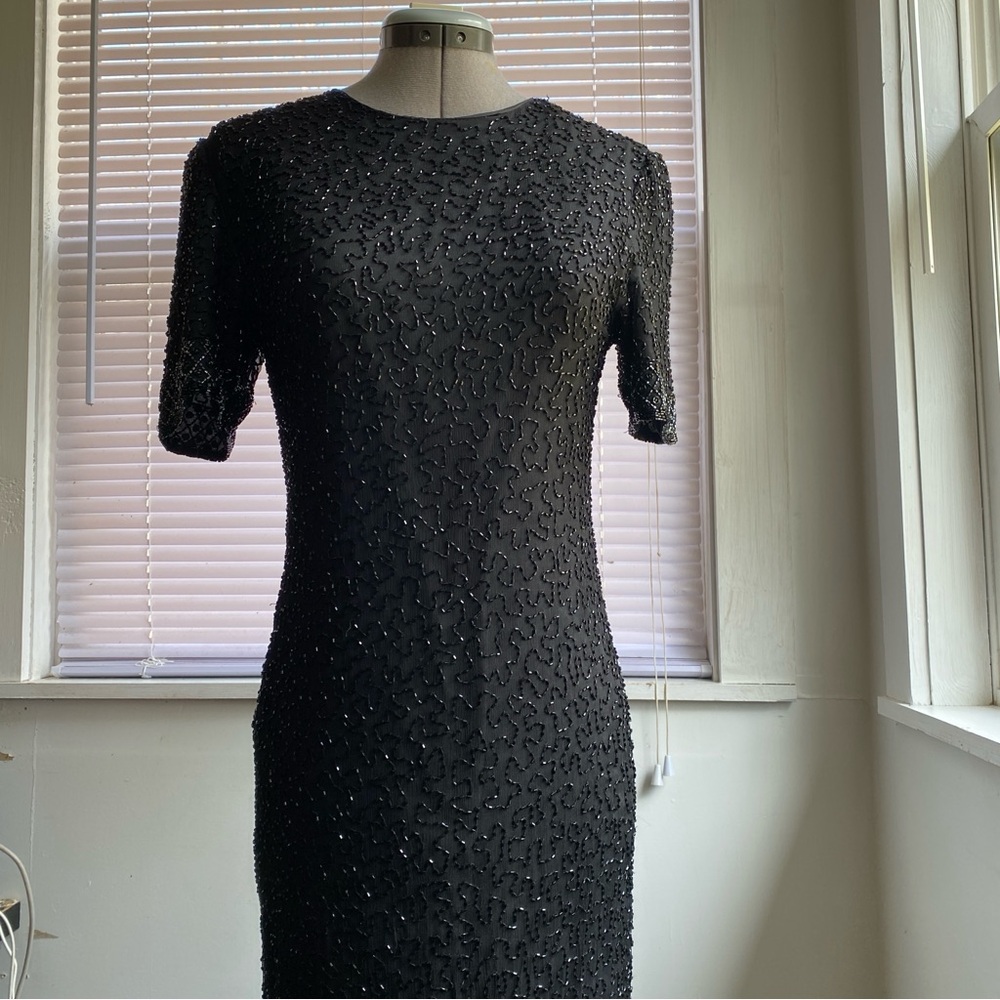 BRILLIANTE BY J.A. Vintage Black Beads Embroidered Silk Maxi Evening Gown Size S